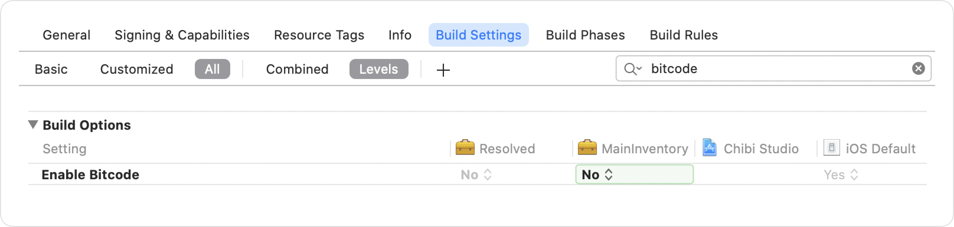 Screenshot showing Xcode’s build settings editor with the “enable bitcode” setting turned off