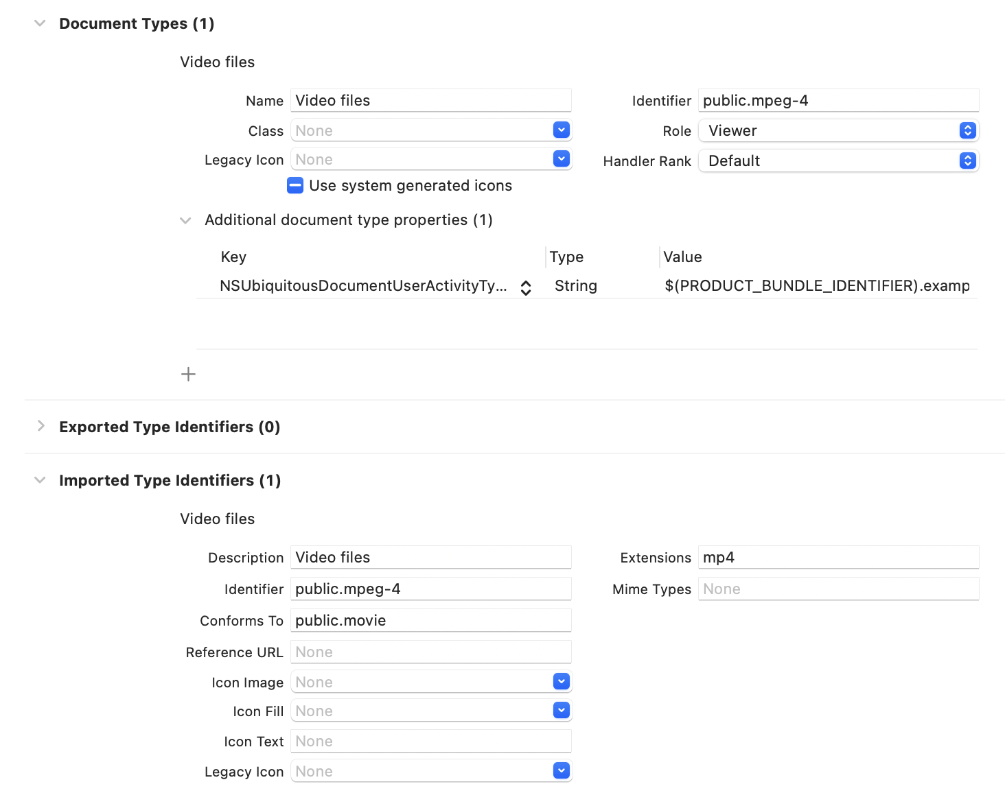 Screenshot of the Xcode target settings, showing the different configurations for document types