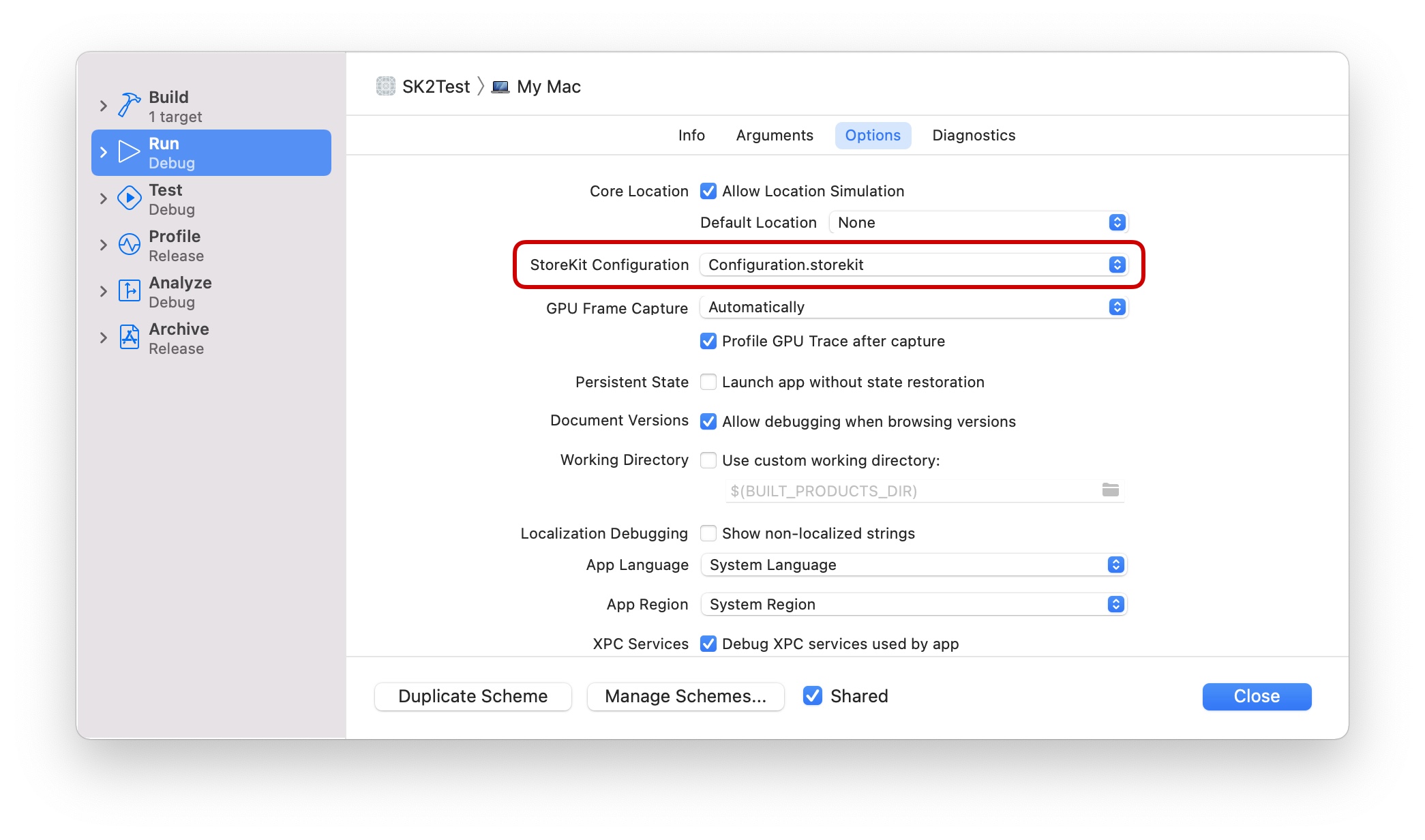 Selecting a StoreKit configuration file in Xcode